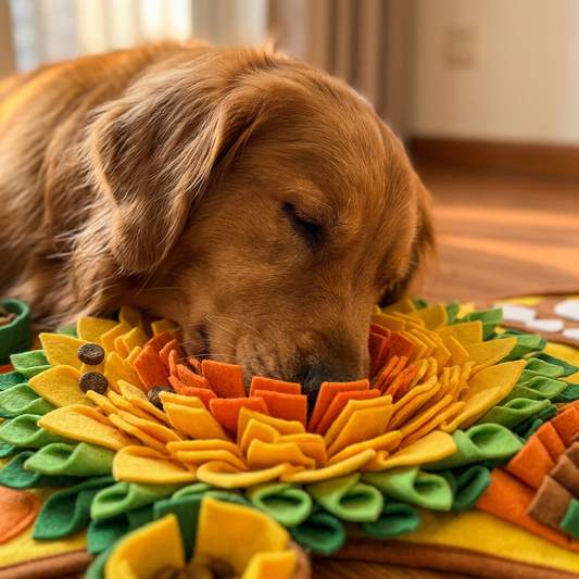 Golden retriever nosing through the fabric petals of the Snuffle Mat