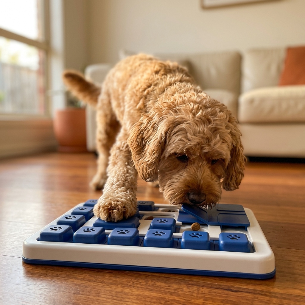 Curly-coated dog sniffing out treats on the blue slider Puzzle Feeder on a timber floor