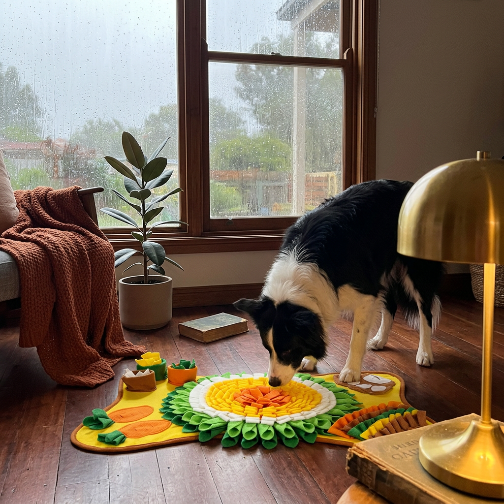 Border collie sniffing for kibble on the Snuffle Mat in a cosy living room