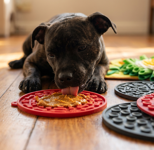 Brindle staffy licking peanut butter from a red mat from the Dog Lick Mat 4-Pack