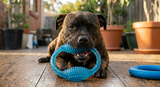 Brindle staffy chewing a blue ring from the Puppy Teething Chew Toys 4-Pack