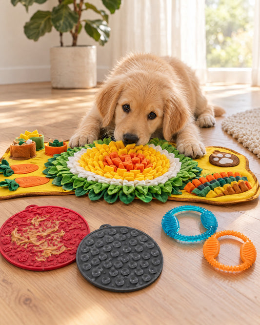 Fluffy golden retriever puppy lying on a snuffle mat with lick mats and chew rings beside it