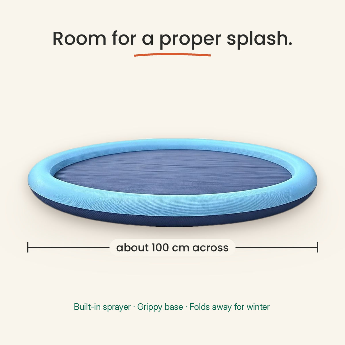 Dog splash pad size guide: about 100 cm across, with built-in sprayer, grippy base and folds away for winter